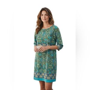 TALBOTS Sz. 12 Petite Paisley PONTE Dress Green Yellow Turquoise sheath stretch